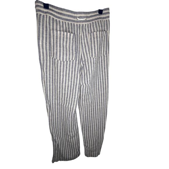 LOLT Striped Linen Blend Pants W Sz M Blue & White Straight Pull On Drawstring - Picture 2 of 8